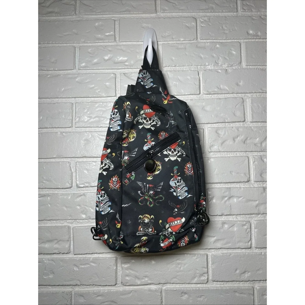 Ed Hardy Sling Backpack Unisex Black New York City Skull Eagle Tattoo NWT